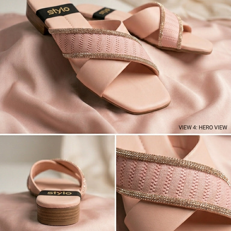 Elegant Cross Strap Rhinestone Slide Sandals – Women’s Flat Slippers