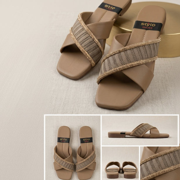 Elegant Cross Strap Rhinestone Slide Sandals – Women’s Flat Slippers