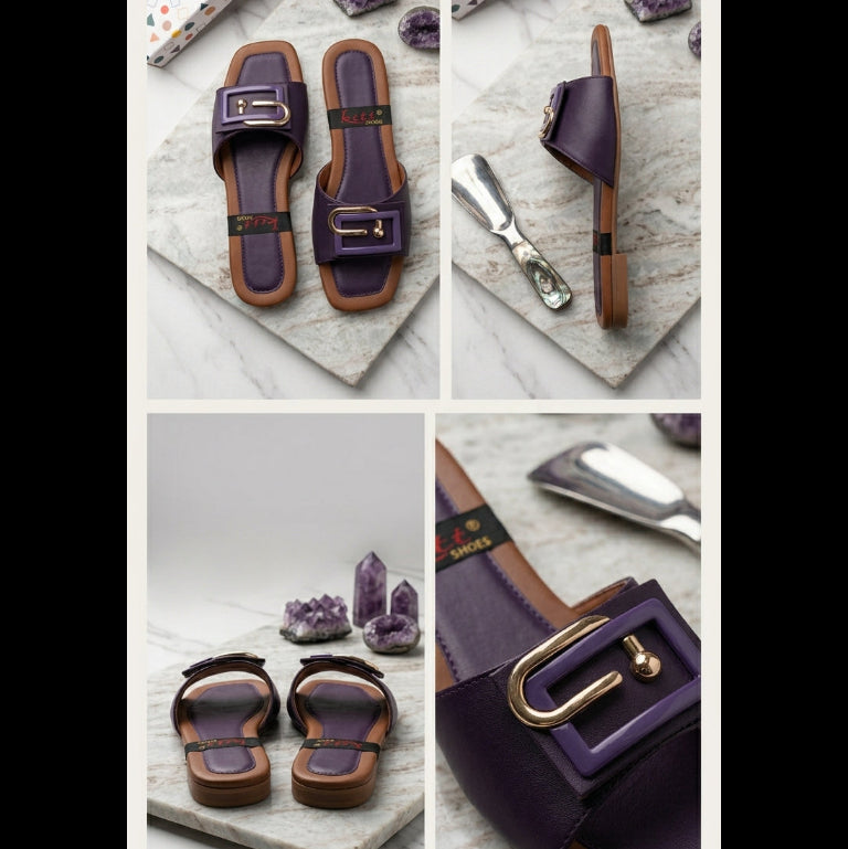 Flat Buckle Slide Sandals – Women’s Casual Flat Slippers (Purple)