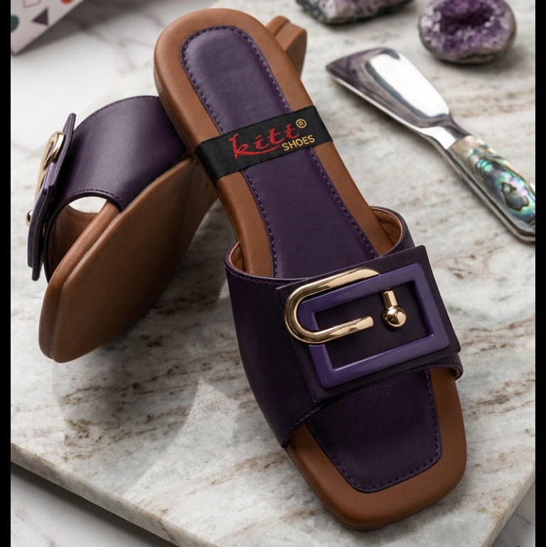Flat Buckle Slide Sandals – Women’s Casual Flat Slippers (Purple)