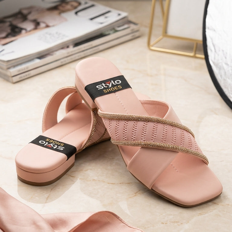 Elegant Cross Strap Rhinestone Slide Sandals – Women’s Flat Slippers
