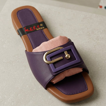 Flat Buckle Slide Sandals – Women’s Casual Flat Slippers (Purple)