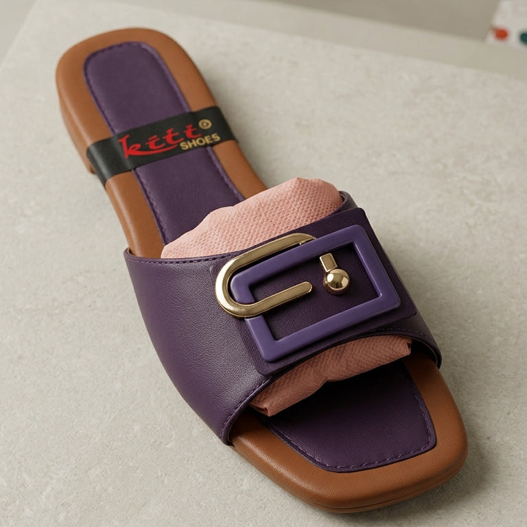 Flat Buckle Slide Sandals – Women’s Casual Flat Slippers (Purple)