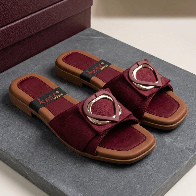Maroon Luxe Heart Buckle Comfort Flat Slides for Women