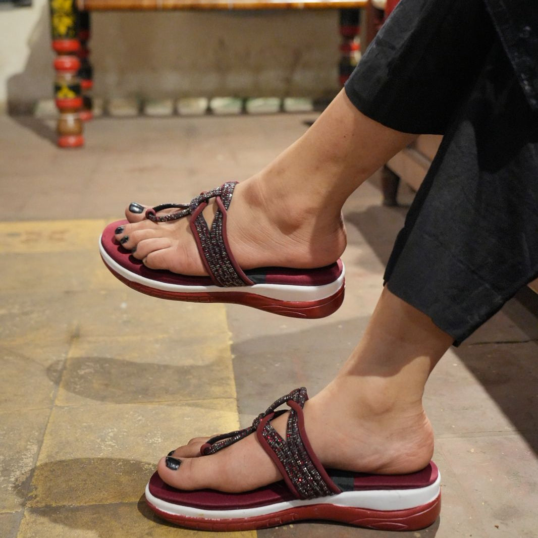 Stylish Maroon Embellished Comfort Slippers for Women