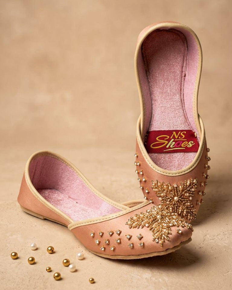 Elegant Blush Pink Hand-Embellished Khussa – Traditional Beaded Flats for Women